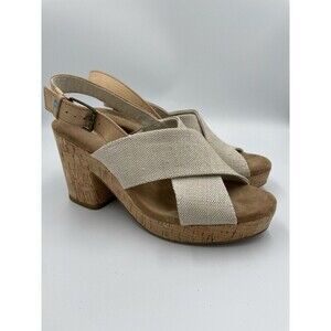 Toms Ibiza Sandals Khaki Canvas Women's 7 Platform Cork Heel Iridescent Thread